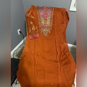 Embroidered Rust Traditional Dress Pakistani Maxi with dubatta and trousers